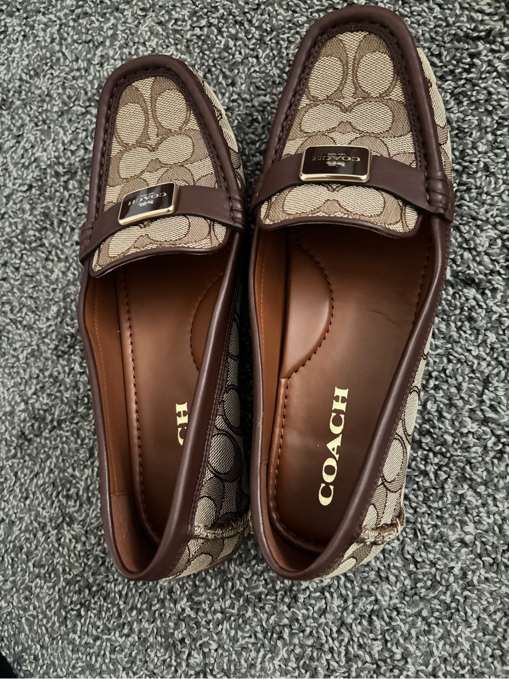 COACH Brown and Tan Signature Canvas Loafers with Leather Trim